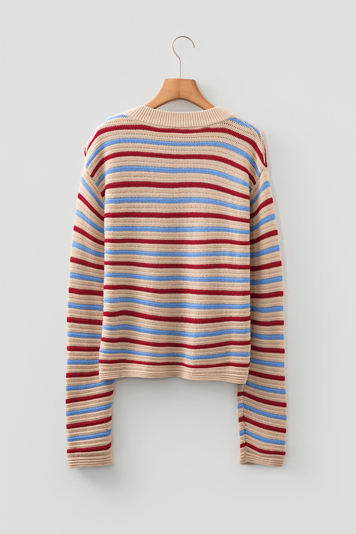 Khaki Stripe Drop Shoulder Cropped Long Sleeve Fall Sweater
