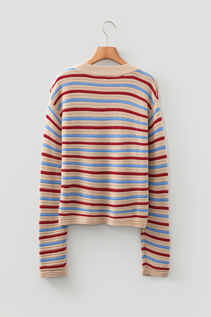Khaki Stripe Drop Shoulder Cropped Long Sleeve Fall Sweater