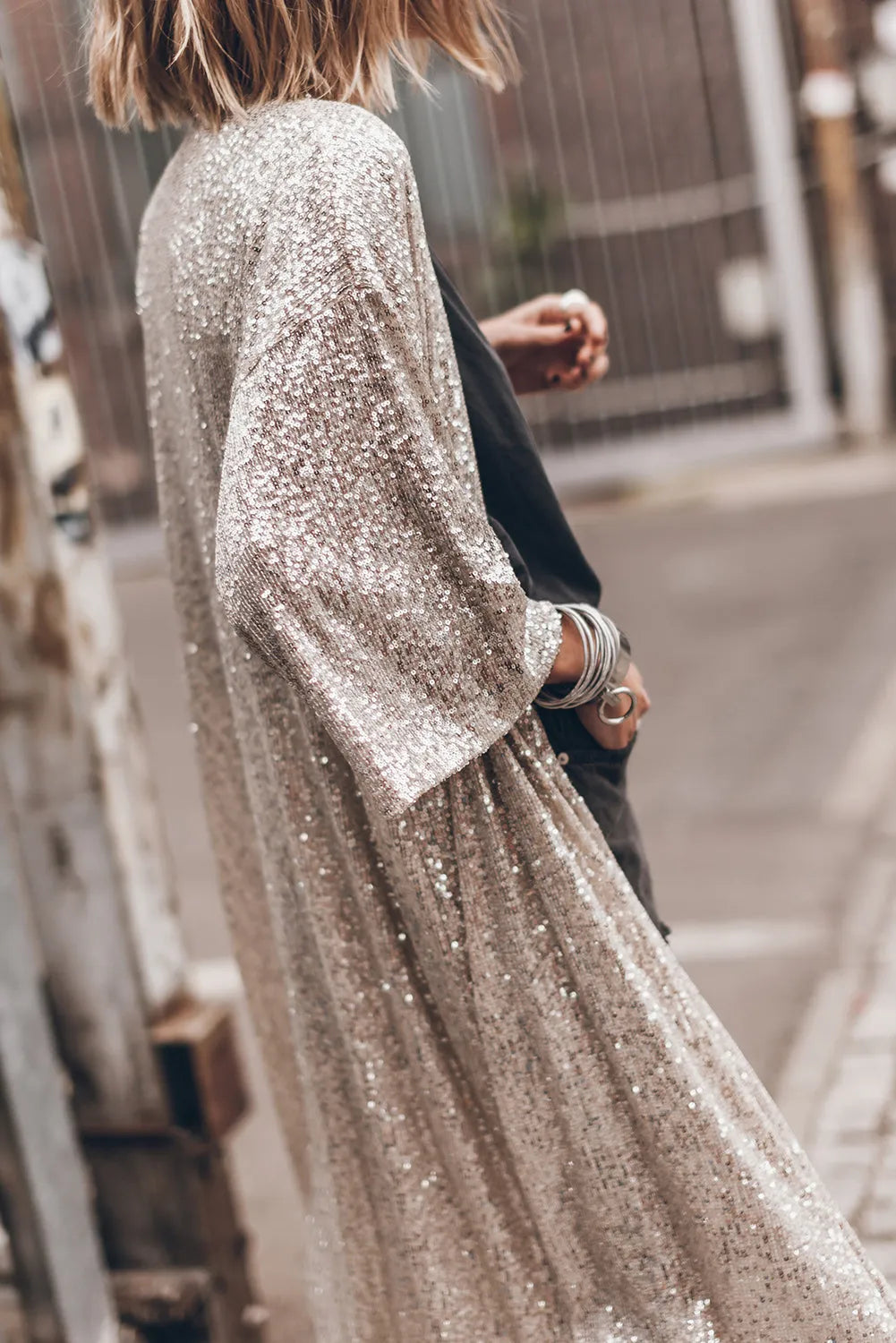 Apricot Sequin 3/4 Sleeve Open Front Duster Kimono - Chic Meadow Boutique 