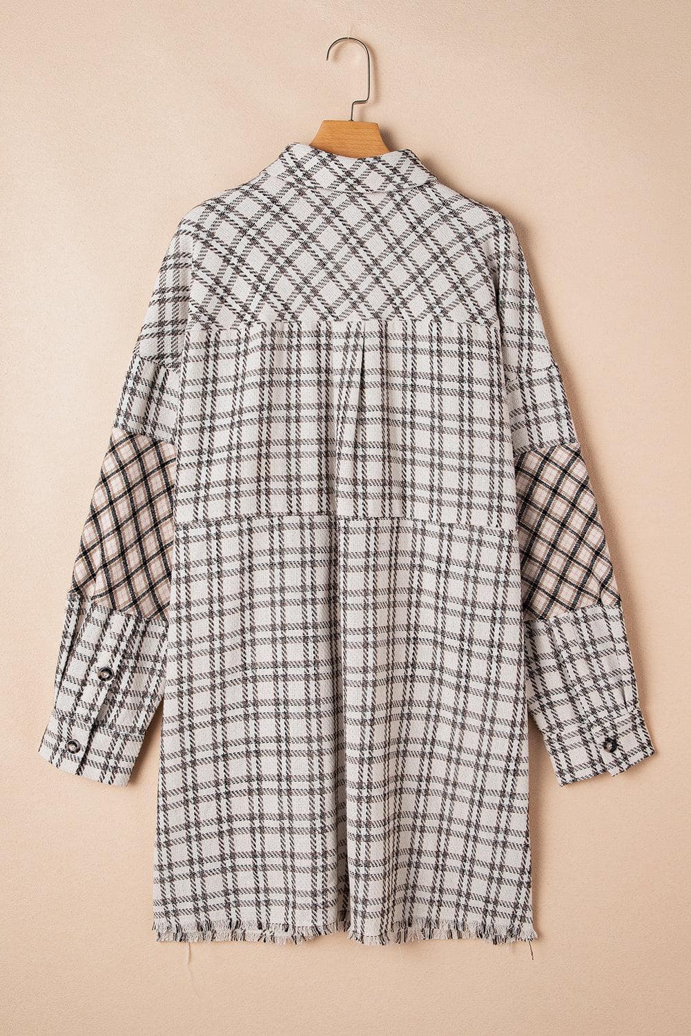 Plus Size/Plus Size Dresses/Plus Size Midi Dresses White Stripe Plus Size Plaid Buttoned Raw Hem Tunic Shirt Dress