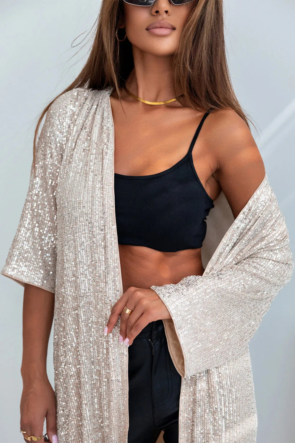 Apricot Sequin 3/4 Sleeve Open Front Duster Kimono - Chic Meadow Boutique 