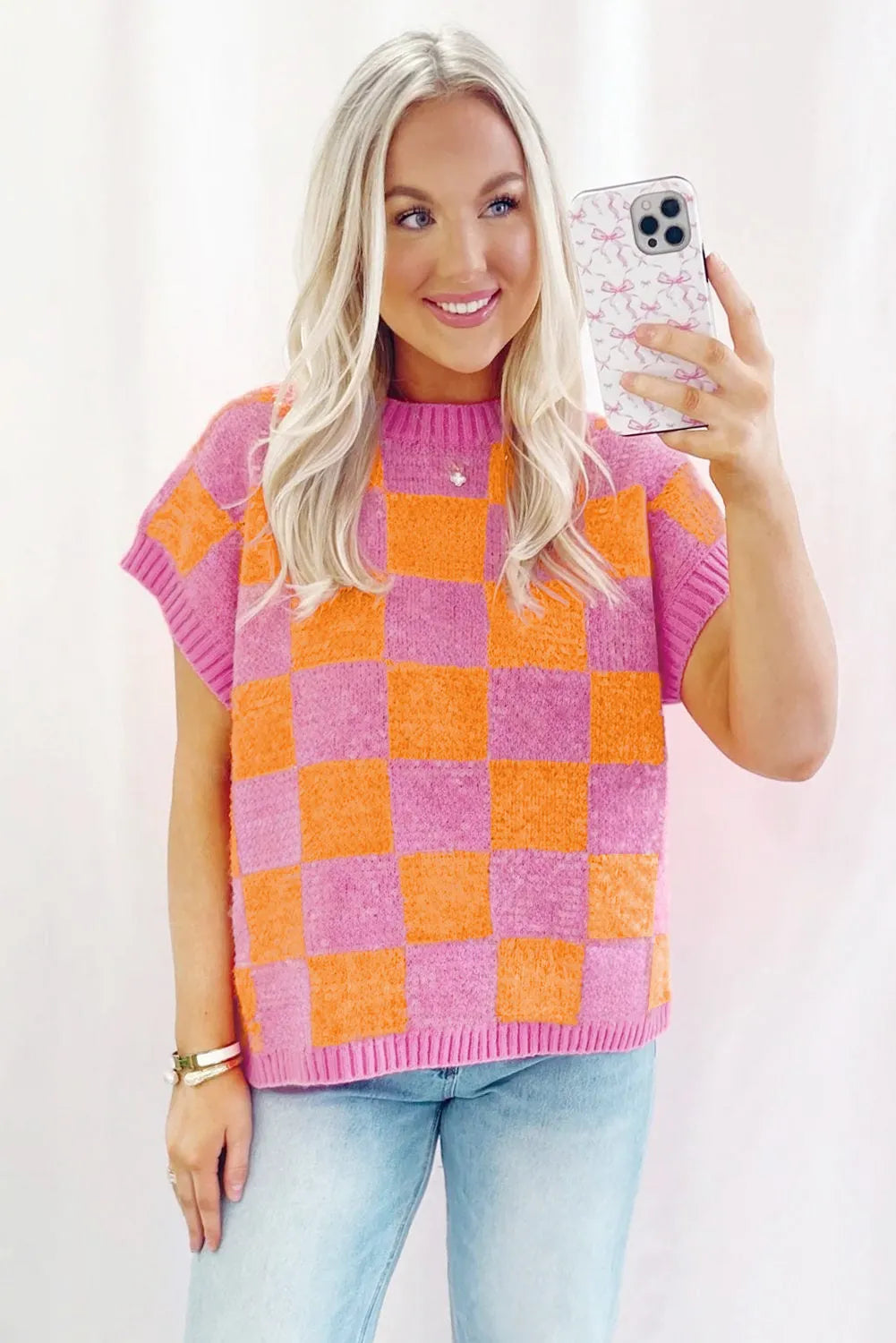 Strawberry Pink Colorblock Plaid Pattern Ribbed Trim Sweater Tank Top - Chic Meadow Boutique 