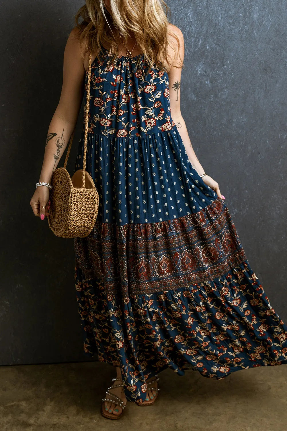 Blue Boho Floral Splicing Sleeveless Maxi Dress - Chic Meadow Boutique 