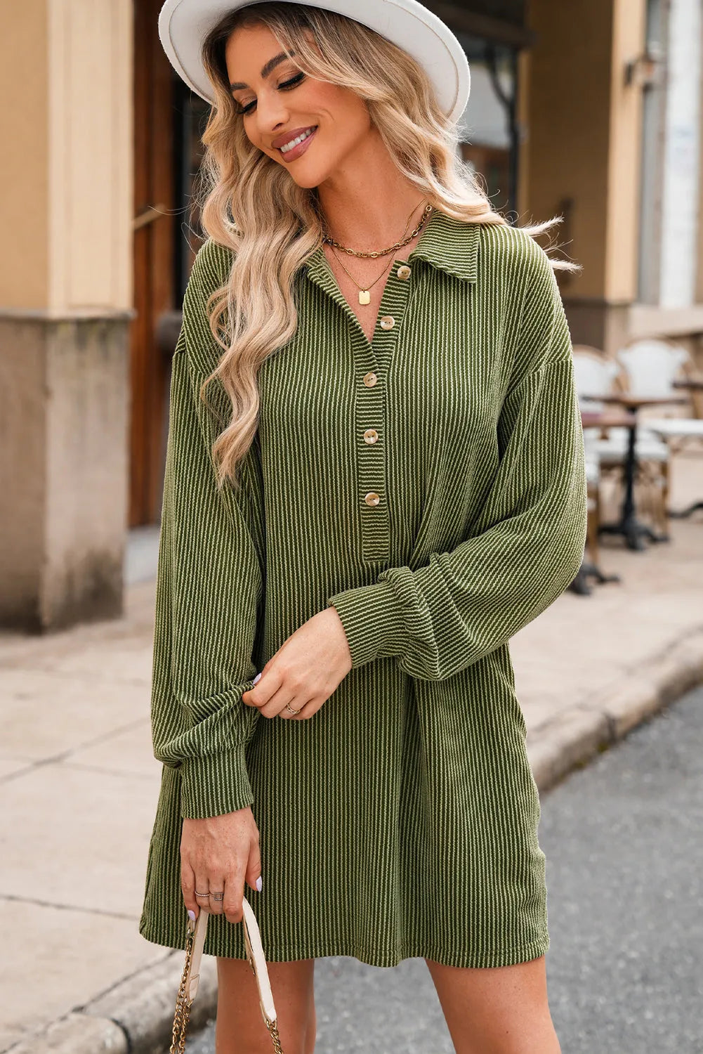 Moss Green Corded Buttons Placket Drop Shoulder Collared Shift Dress - Chic Meadow Boutique 