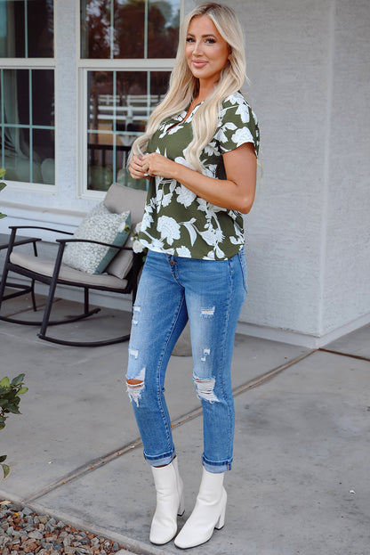 Green Floral Print Split Neck Short Sleeve Blouse