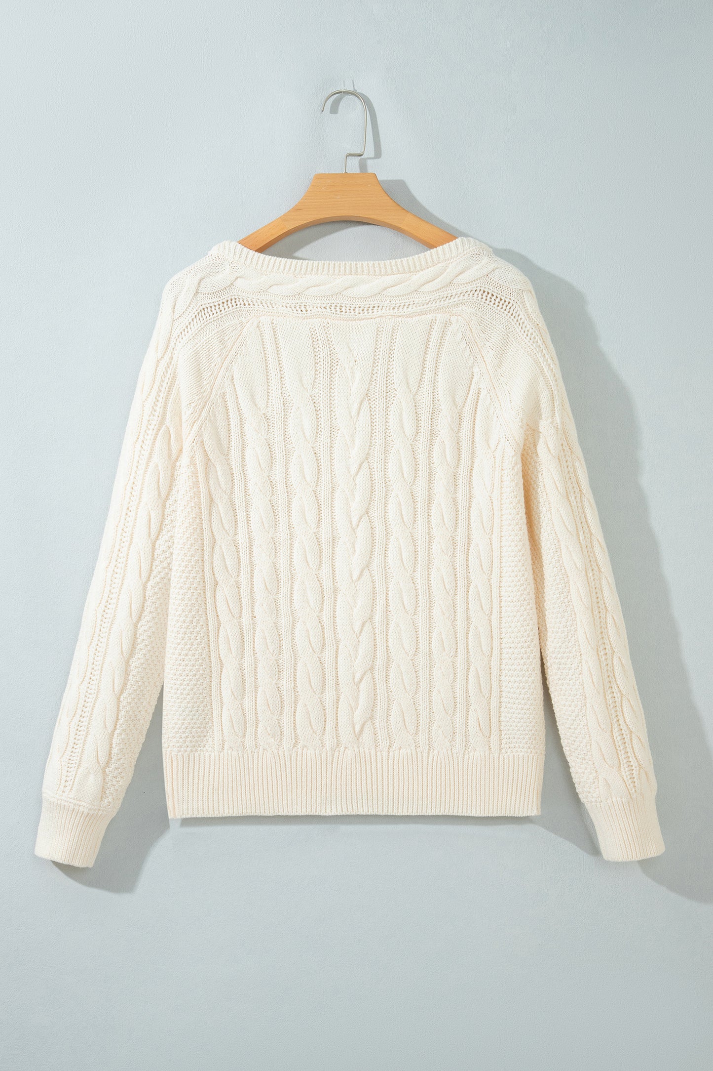 Beige Drop Shoulder Round Neck Cable Knit Sweater