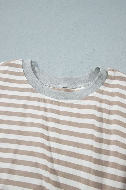 Khaki Stripe Striped Colorblock Cuffs Round Neck Long Sleeve Shift Dress