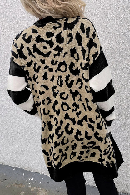 Black Stripe Sleeve Leopard Print Open Front Cardigan With Pockets - Chic Meadow Boutique 