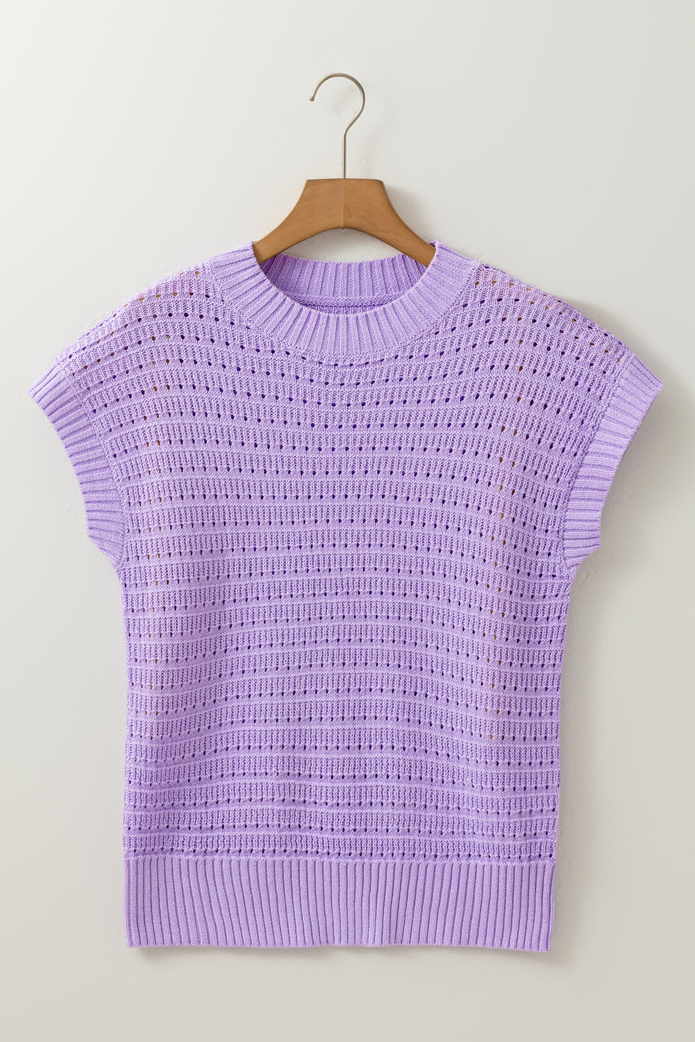 Lavendula Pointelle knit Ribbed Trim Short Sleeve Sweater