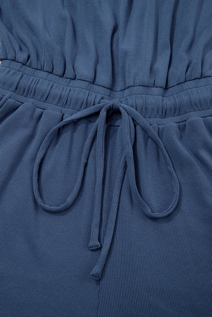 Ashleigh Blue Knit Open Back Cap Sleeve Drawstring Romper
