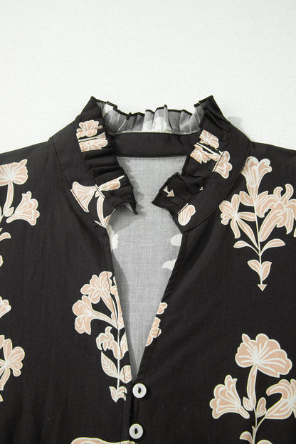 Black Frilled V Neck Puff Short Sleeve Floral Mini Dress