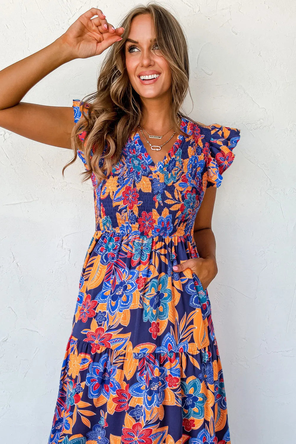 Dark Blue Boho Floral V Neck Ruffle Tiered Long Dress - Chic Meadow Boutique 