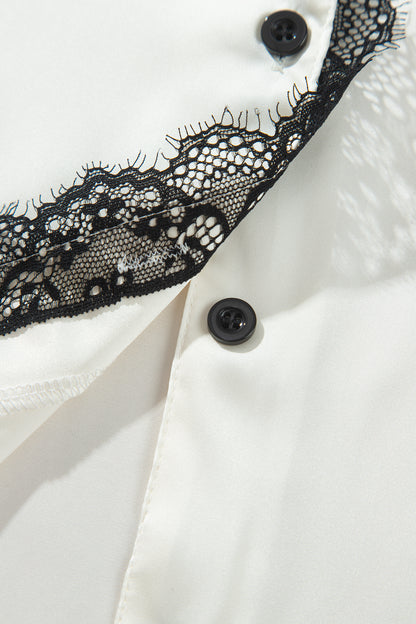 White Long Sleeve Lace Trim Button Front 2pcs Pajama Set