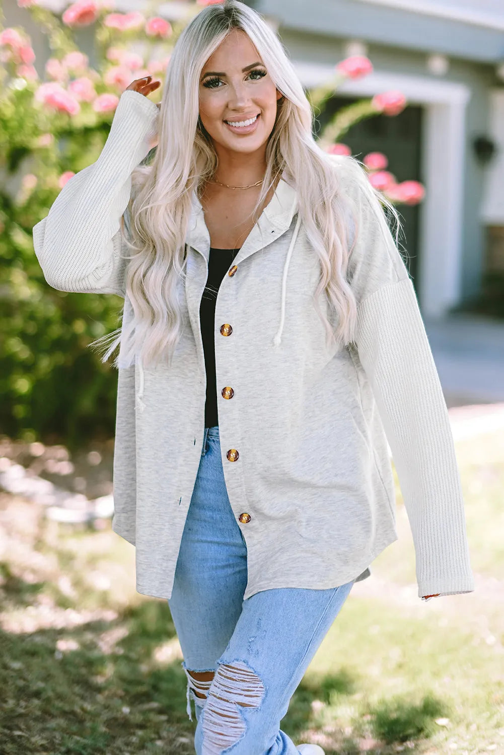 Gray Button Up Contrast Knitted Sleeves Hooded Jacket - Chic Meadow Boutique 