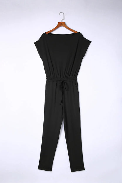 Black Tie Waist Short Sleeve Tapered Jumpsuit - Chic Meadow Boutique 