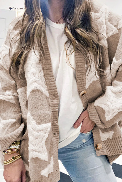 Khaki Sherpa Star Pattern Textured Sweater Cardigan with Pockets - Chic Meadow Boutique 