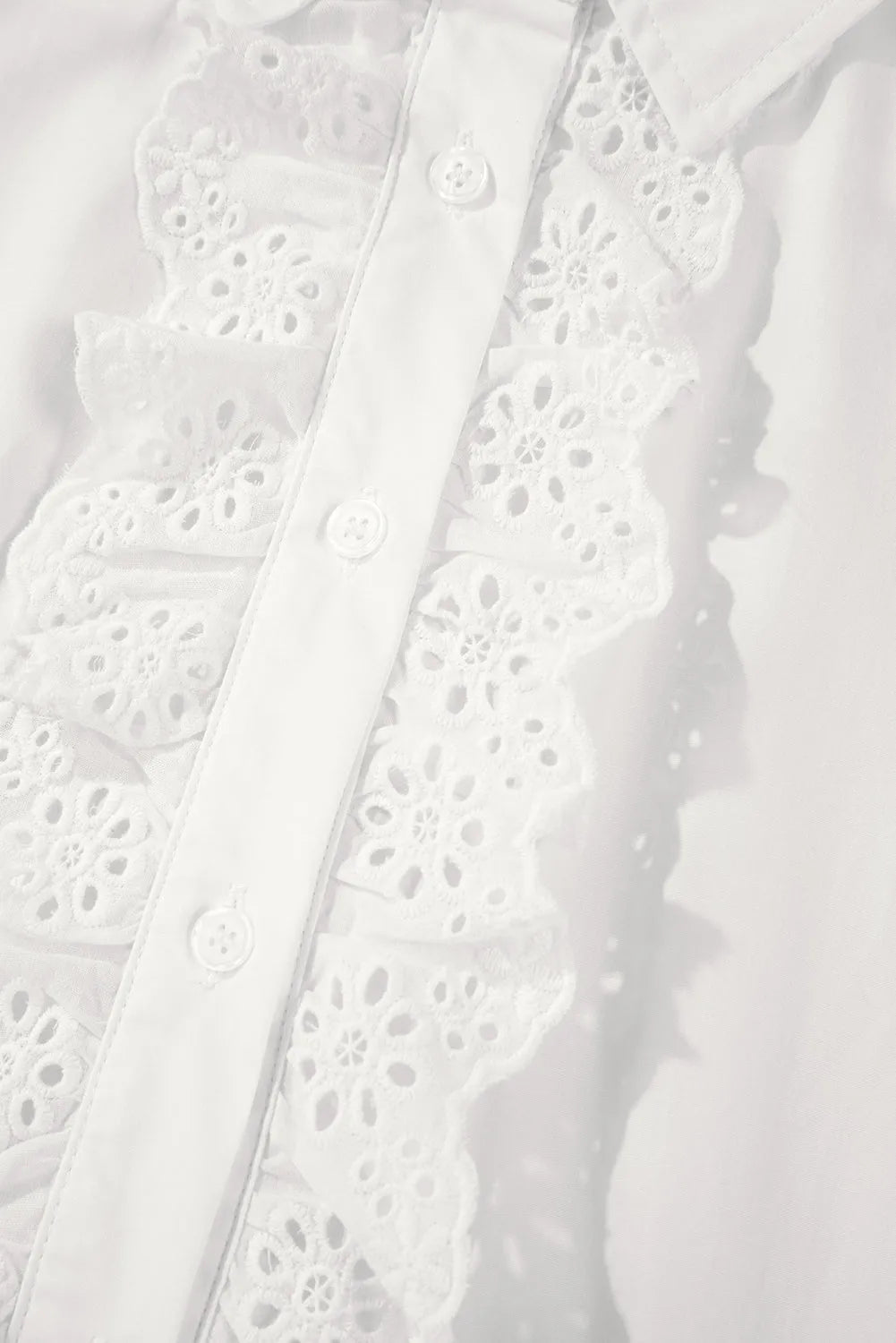 White Lace Crochet Trim Turn Down Collar Buttoned Shirt - Chic Meadow Boutique 