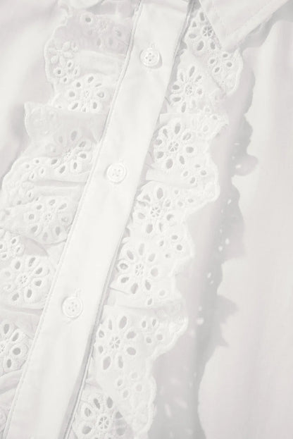 White Lace Crochet Trim Turn Down Collar Buttoned Shirt - Chic Meadow Boutique 