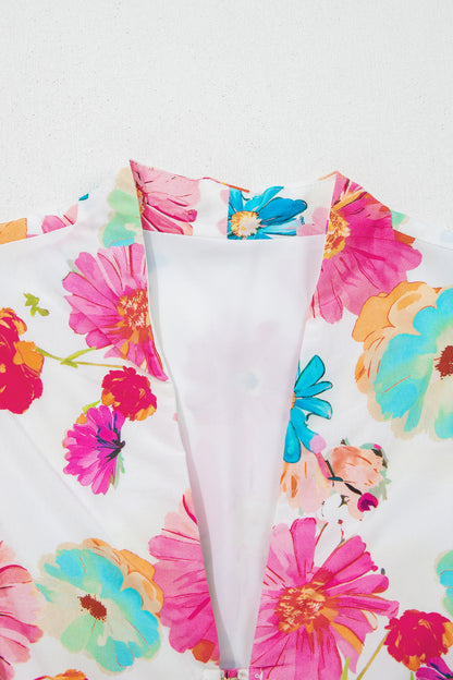 Pink Adorable Floral Print V Neck Zip Up Smocked Waist Flared Mini Dress