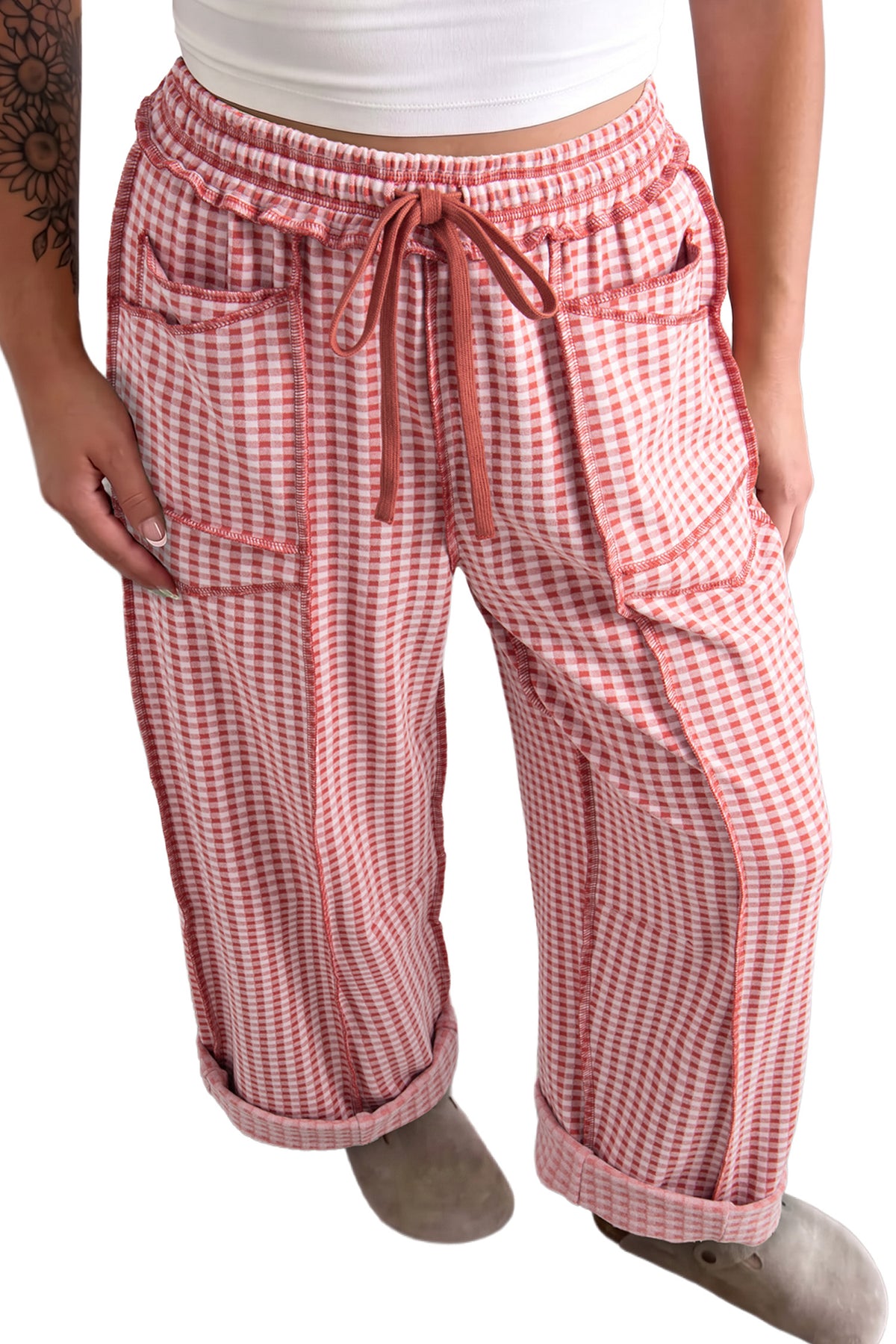 Red Plaid Contrast Trim Drawstring Elastic Waist Shift Pants