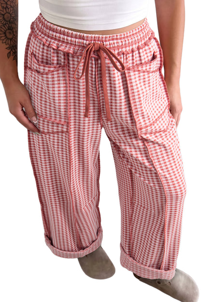Red Plaid Contrast Trim Drawstring Elastic Waist Shift Pants