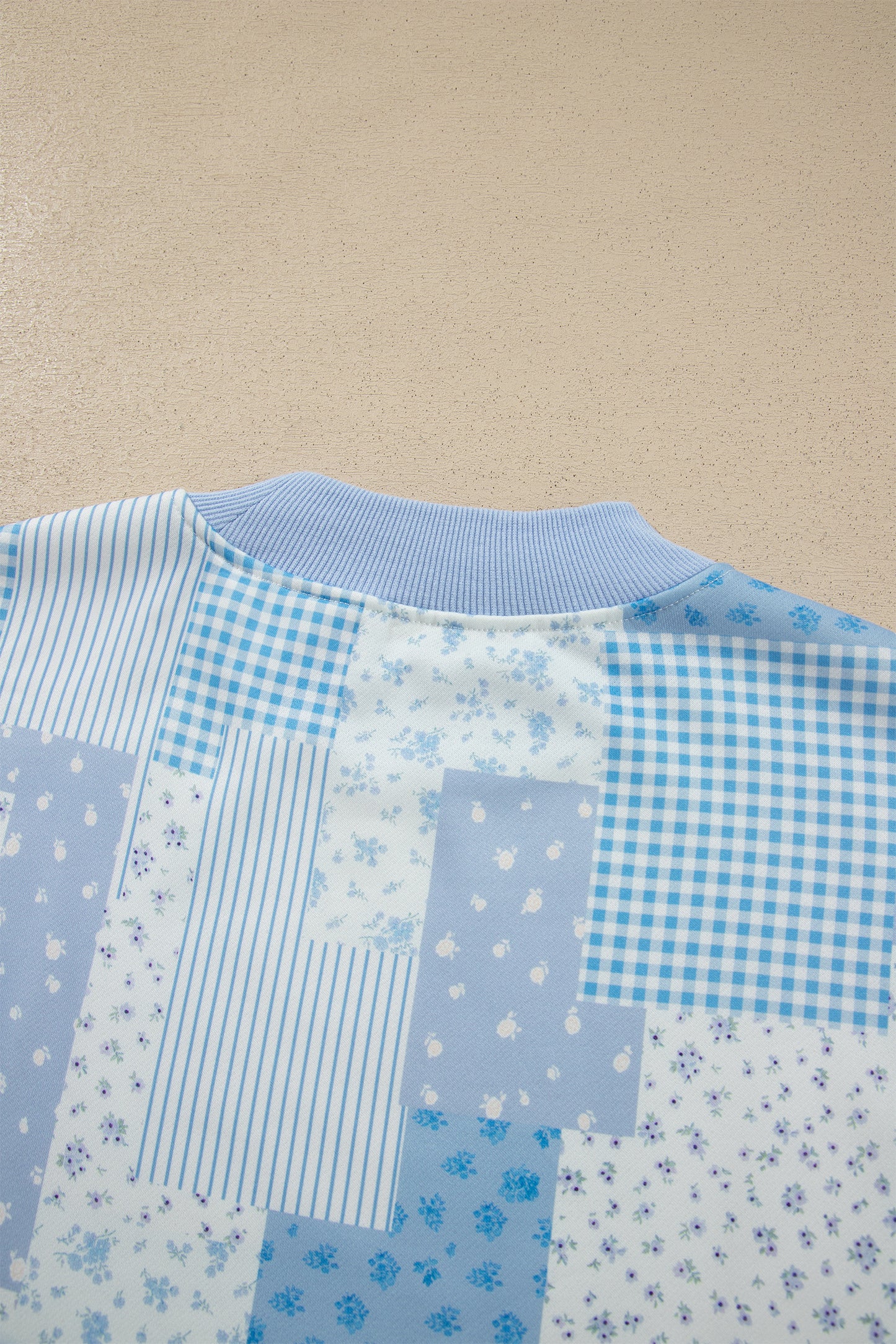 Sky Blue Patchwork Floral Print Drop Shoulder Baggy Pullover Drawstring Shorts Set