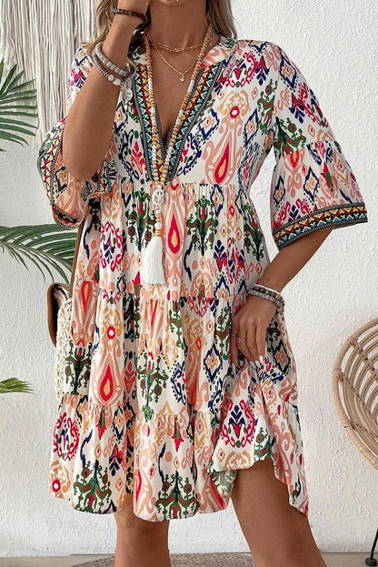 Dresses/Mini Dresses Multicolour / S / 100%Polyester Multicolour Boho Print V Neck Bracelet Sleeve Mini Dress