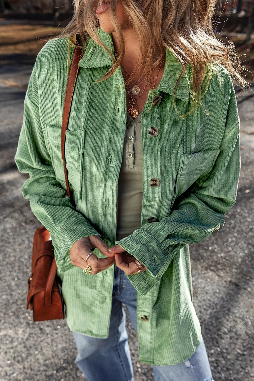 Outerwear/Jackets Mist Green Patched Pocket Button Up Corduroy Shacket