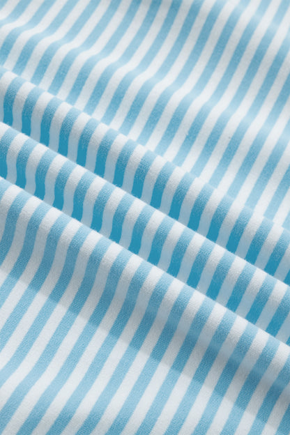 Sky Blue Stripe Cuffed Sleeve Contrast Mock Neck Tee Casual 2pcs Short Set