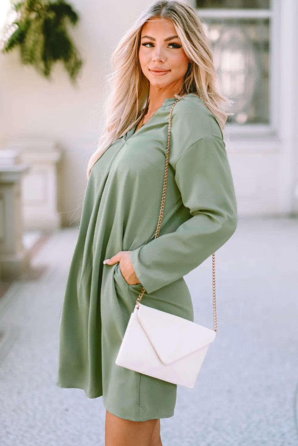 Green Roll-tab Sleeve Flowy Casual Dress - Chic Meadow Boutique 