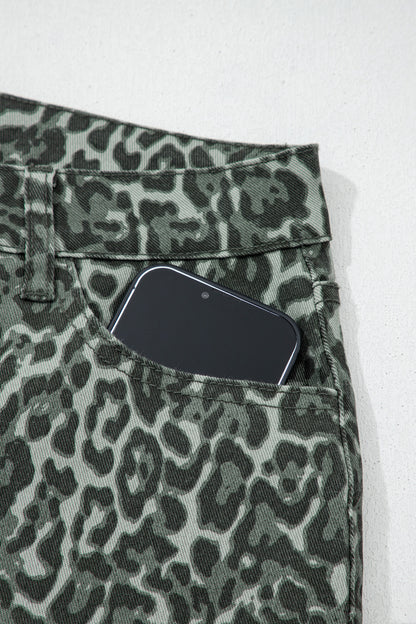 Gray Leopard Frayed Edge Wide Leg High Waist Jeans