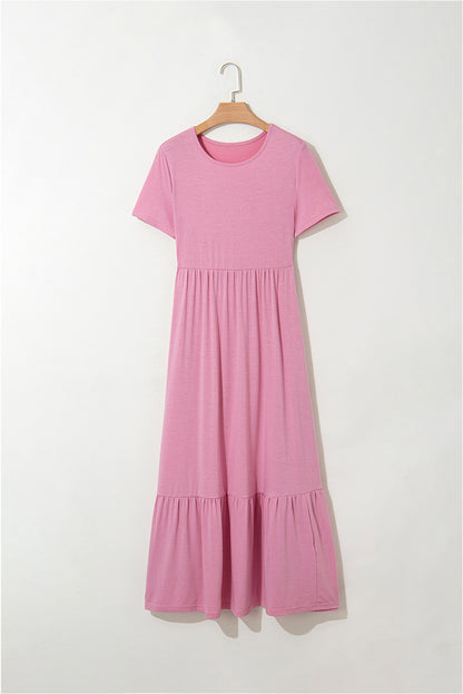 Pink Solid Color T-shirt High Waist Pocketed Long Dress