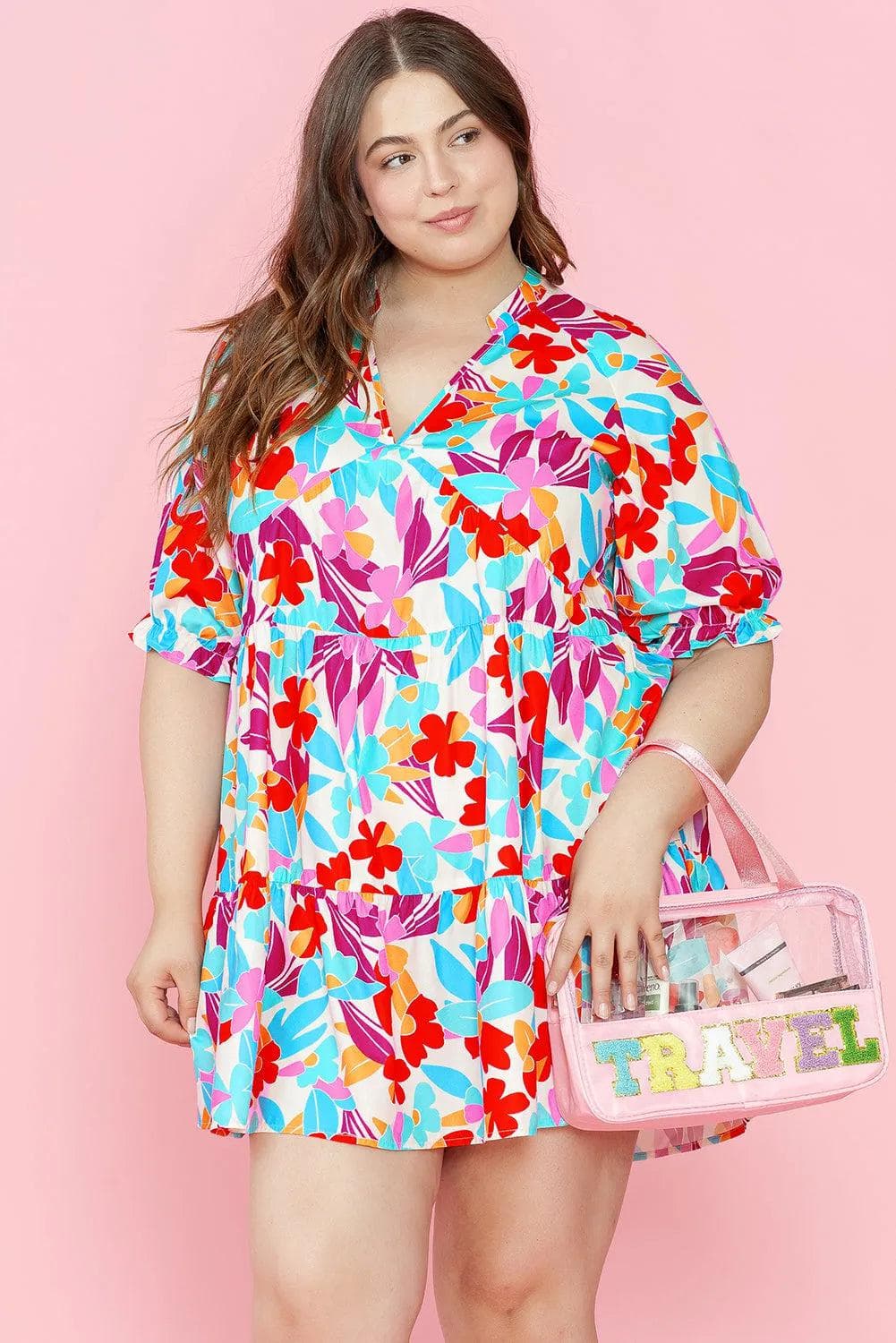 Plus Size/Plus Size Dresses/Plus Size Mini Dresses Multicolour Floral Tiered V Neck Plus Dress