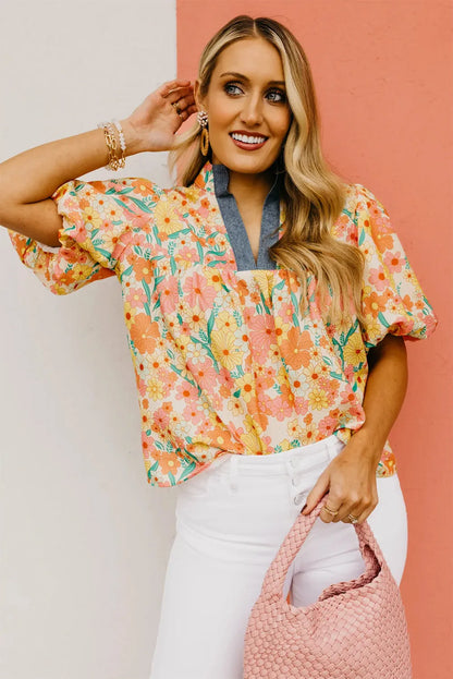 Multicolour Floral Print Bubble Sleeve V Neck Blouse - Chic Meadow Boutique 