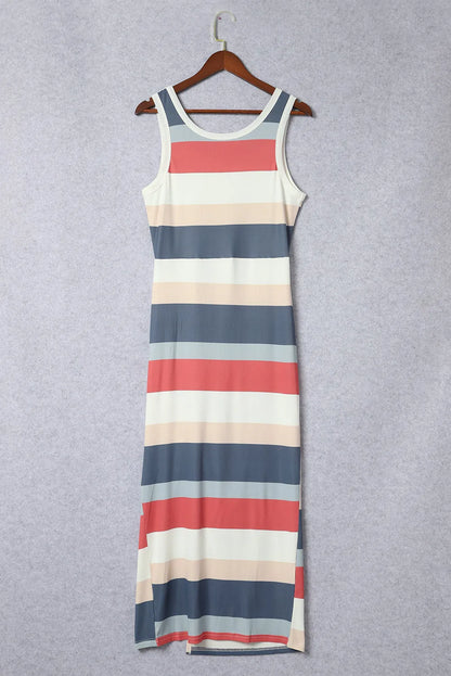 Multicolor Striped Color Block Ribbed Knit Lace-up Slit Tank Dress - Chic Meadow Boutique 