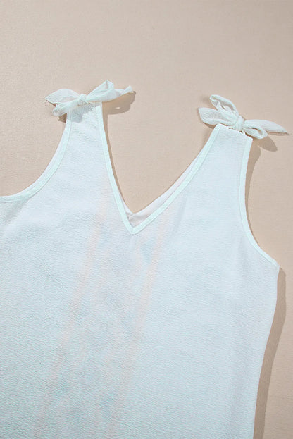 White Floral Embroidered Knot Straps Textured Tank Top - Chic Meadow Boutique 