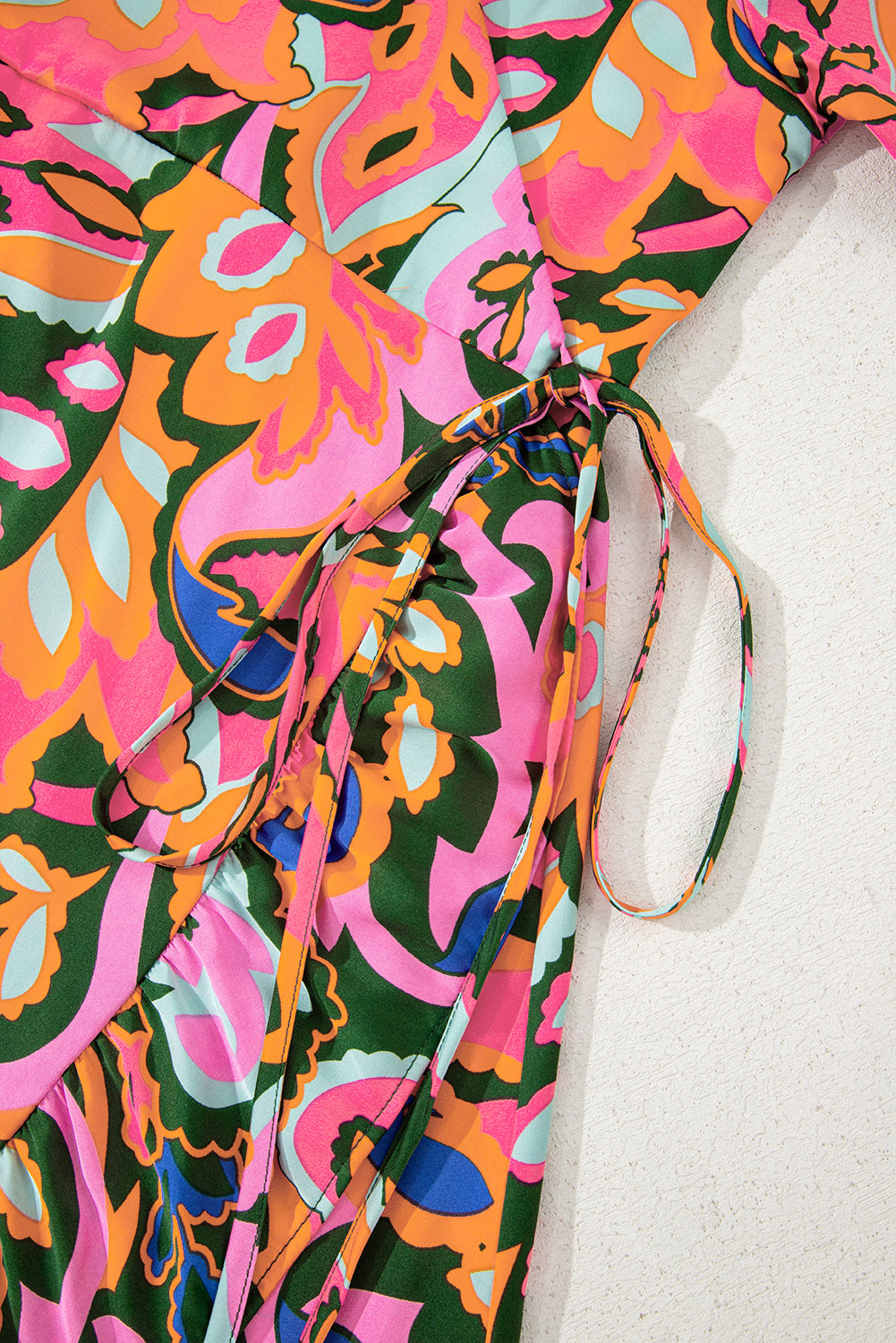 Rose Summer Plant Print Surpliced V Neck Ruffled Asymmetric Slit Wide Short Sleeve Maxi Dress