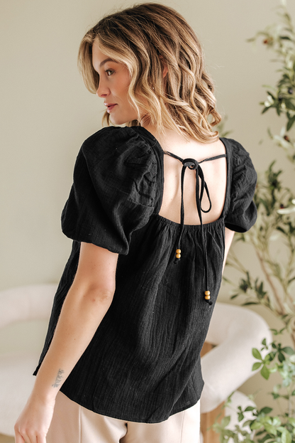 Black Flower Crochet Square Neck Textured Short Sleeve Blouse