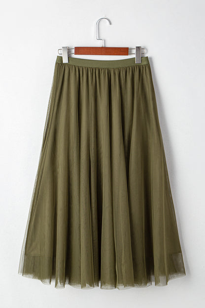 Jungle Green Tulle Mesh Overlay Flared Midi Skirt