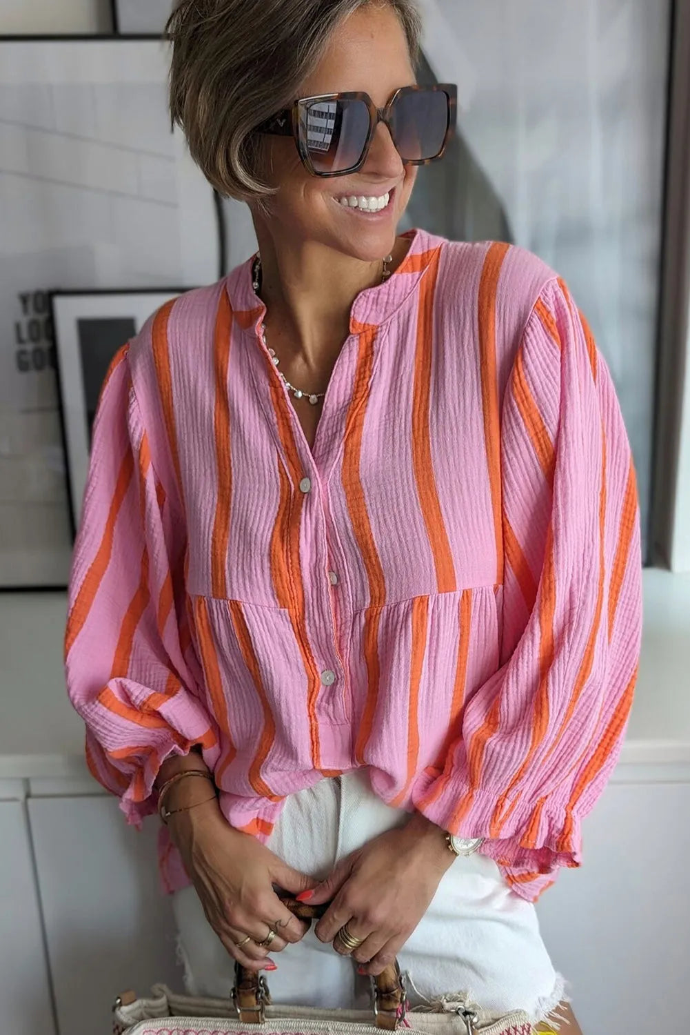 Orange Stripe Crinckled Ruffled Sleeve Button up Loose Shirt - Chic Meadow Boutique 