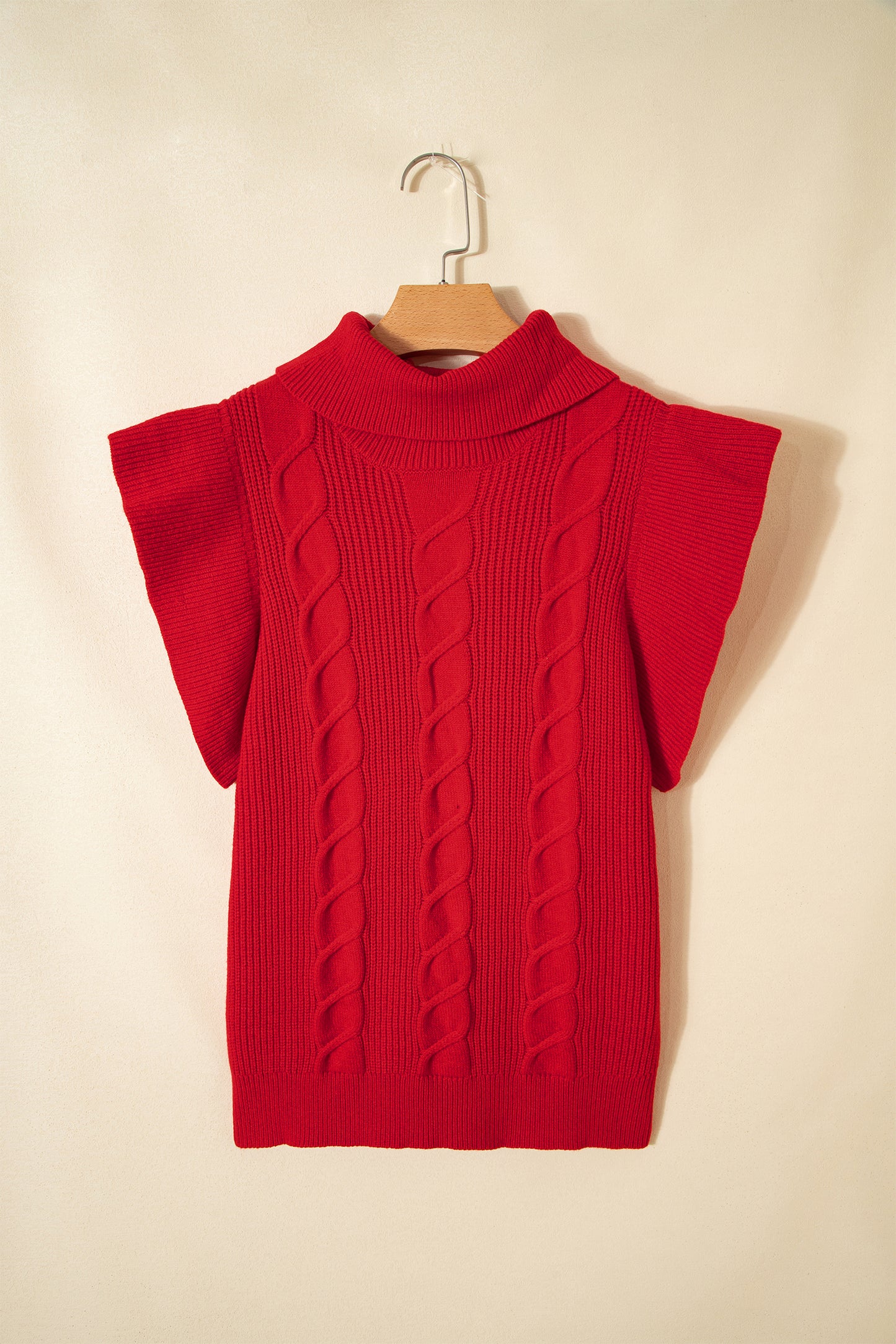 Tomato Red Cable Knit Turtleneck Ruffled Short Sleeve Sweater