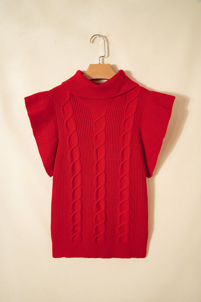 Tomato Red Cable Knit Turtleneck Ruffled Short Sleeve Sweater