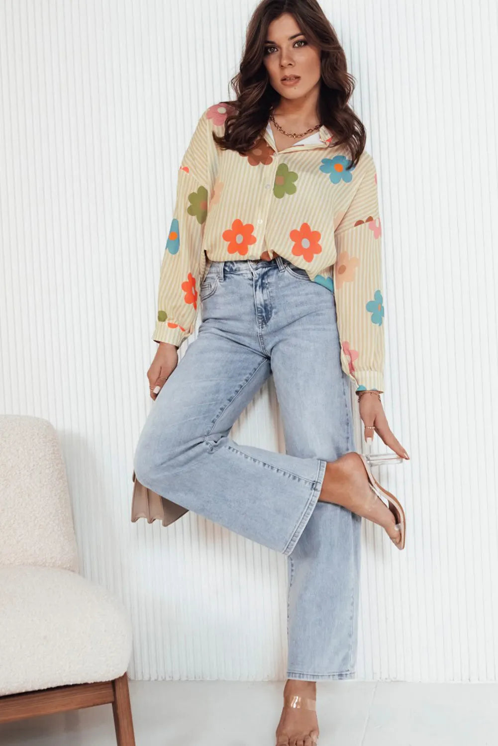 Apricot Stripe Flower Print Collared Button-up Loose Fit Shirt - Chic Meadow Boutique 