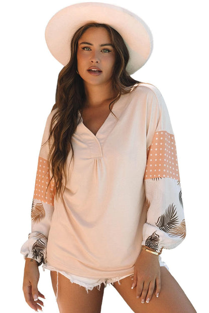 Tops/Blouses & Shirts Jet Stream Palm Leaves Polka Dot Puff Sleeve Patchwork V Neck Loose Blouse