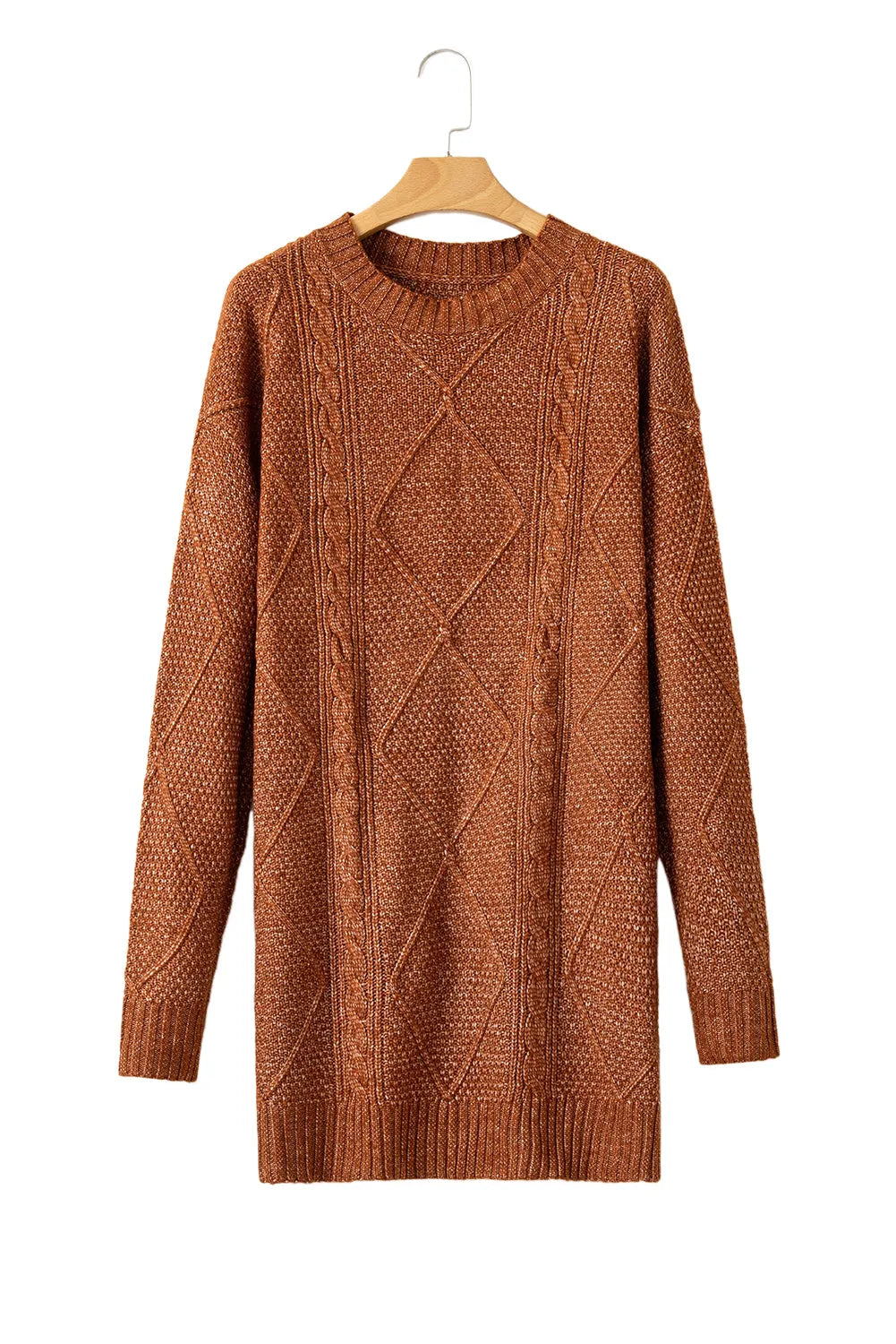 Coffee Cable Knit Drop Shoulder Loose Fit Sweater Dress - Chic Meadow Boutique 