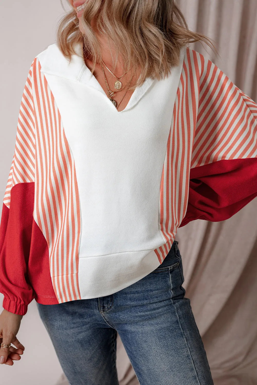 White Striped Color Block Collared V Neck Oversized Sweatshirt - Chic Meadow Boutique 