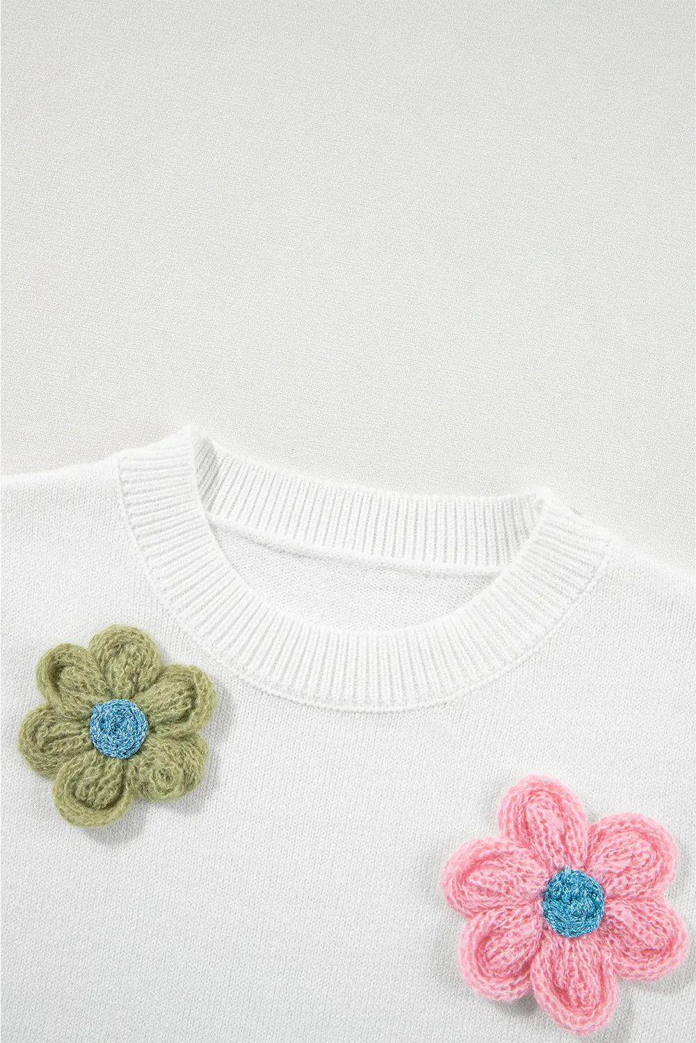 White Cute Flower Applique Short Sleeve Sweater - Chic Meadow Boutique 