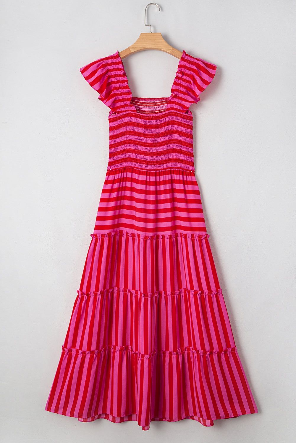 Rose Stripe Flutter Sleeve Smocked Bodice Tiered Maxi Dress