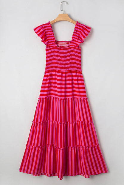Rose Stripe Flutter Sleeve Smocked Bodice Tiered Maxi Dress