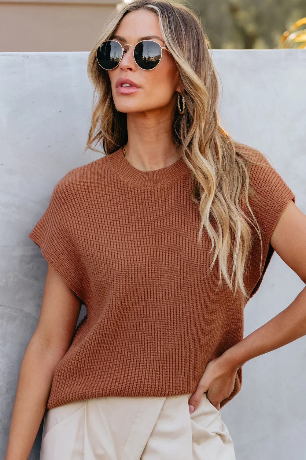 Chestnut Plain Crew Neck Short Sleeve Sweater - Chic Meadow Boutique 